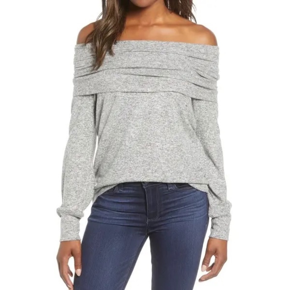 Gibson Off The Shoulder Grey Sweater - Picture 1 of 16